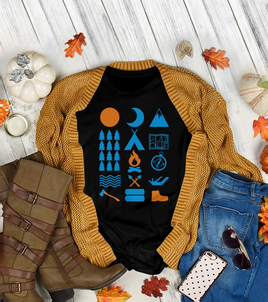 Carry On Camping Campfire Mountains Compass Trees Waves Tent Icon Set T-Shirt