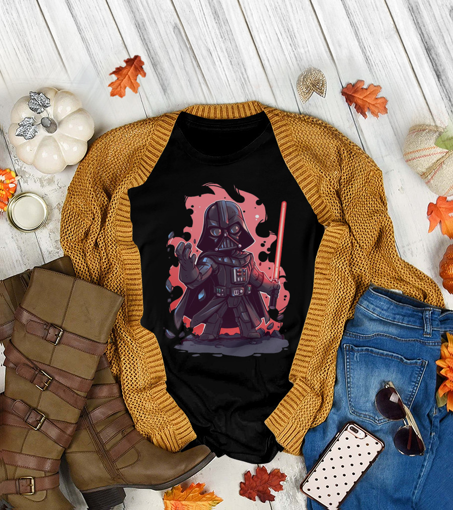 Darth Vader Kids Cartoon Character with Lightsaber T-Shirt