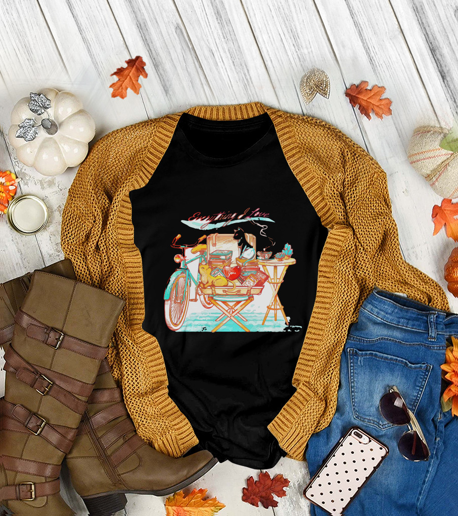 Everything I Love Vintage Travel Adventure with Bicycle and Books T-Shirt