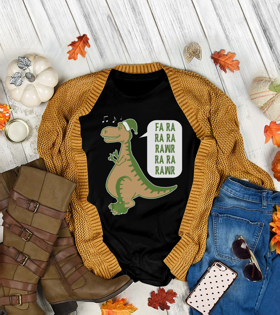 FA RA RA RA RAWR Dinosaur with Santa Hat and Music Notes T-Shirt