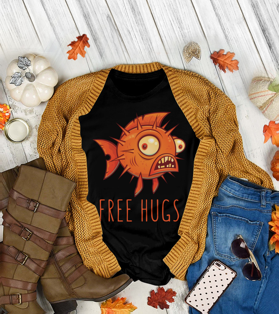 Free Hugs Spiky Cartoon Blowfish T-Shirt