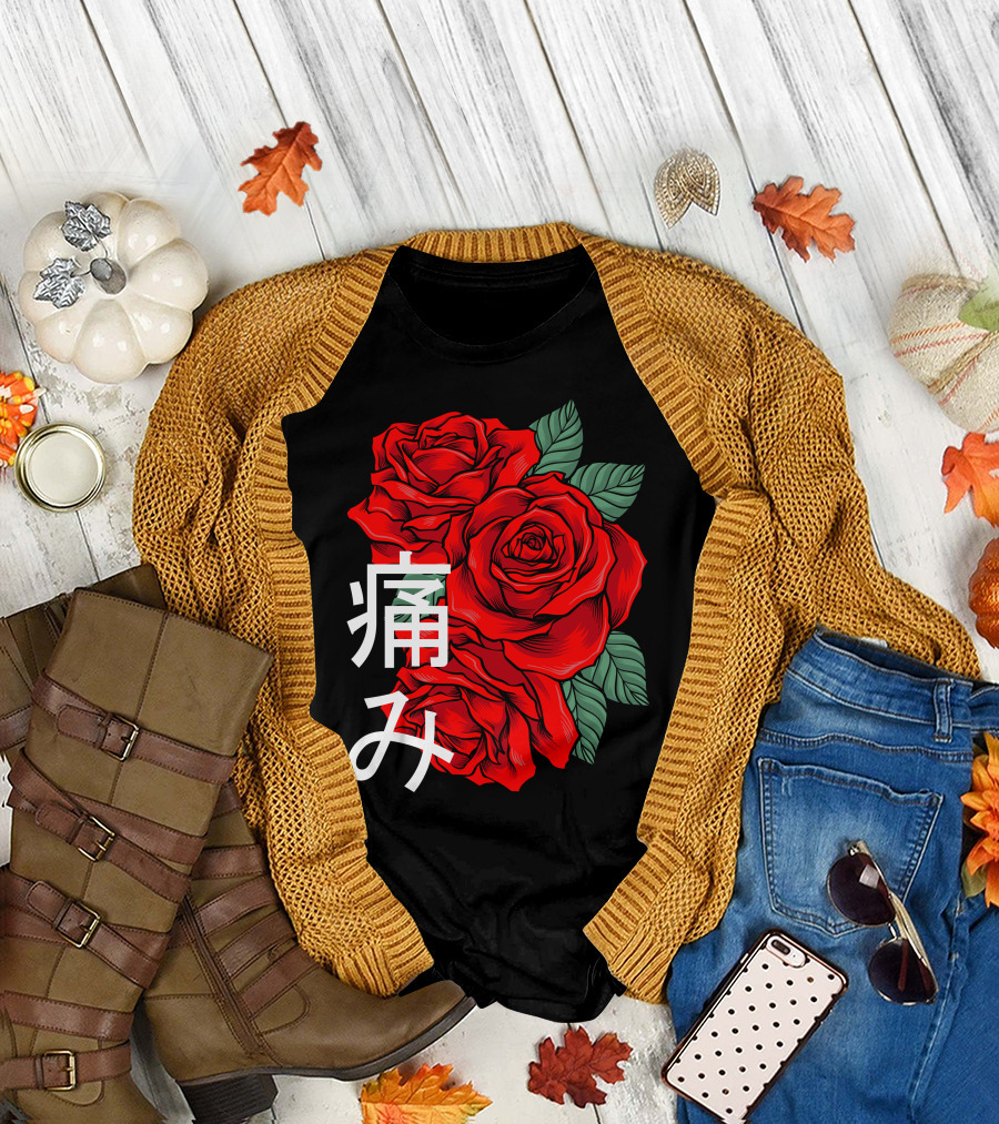 Japanese Aesthetic Rose with Kanji Characters T-Shirt
