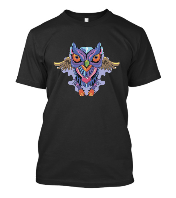Owl Colors Vibrant Multicolor Fantasy Creature With Majestic Wings And Heart-Shaped T-Shirt