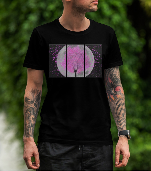 Sakura No Tsuki Pink Cherry Blossom Tree With Full Moon And Stars T-Shirt