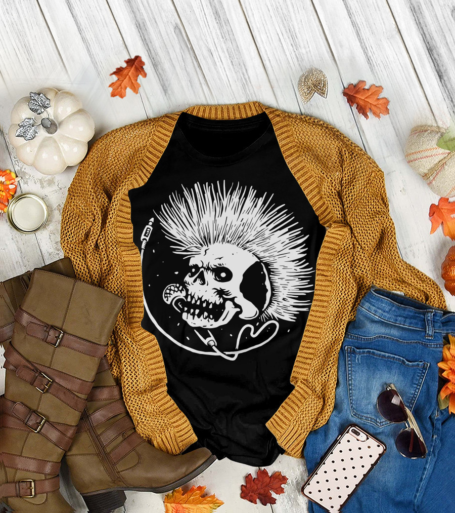 Skull Punk Mohawk Microphone Music Rebel T-Shirt