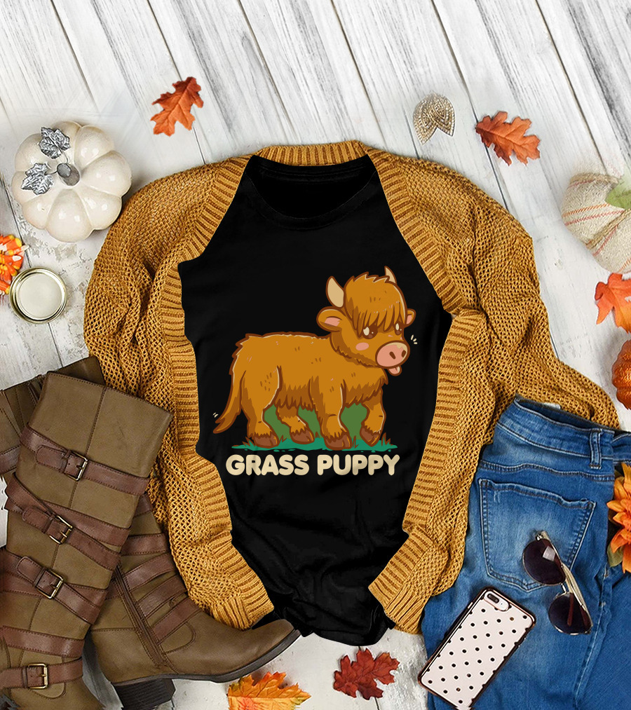Grass Puppy Highland Cow Cute Cartoon T-Shirt