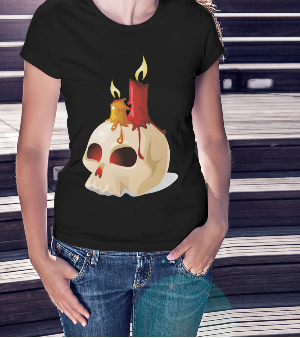 Halloween Elements Skull With Melting Candle Wax And Flames T-Shirt