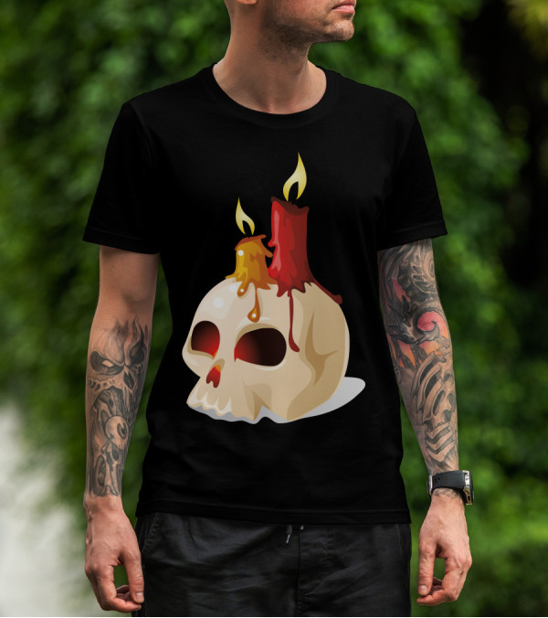 Halloween Elements Skull With Melting Candle Wax And Flames T-Shirt