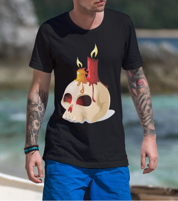 Halloween Elements Skull With Melting Candle Wax And Flames T-Shirt