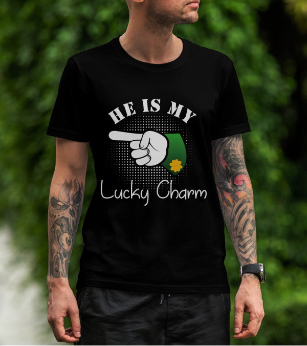 He Is My Lucky Charm Pointing Finger With Green Sleeve And Yellow Clover T-Shirt