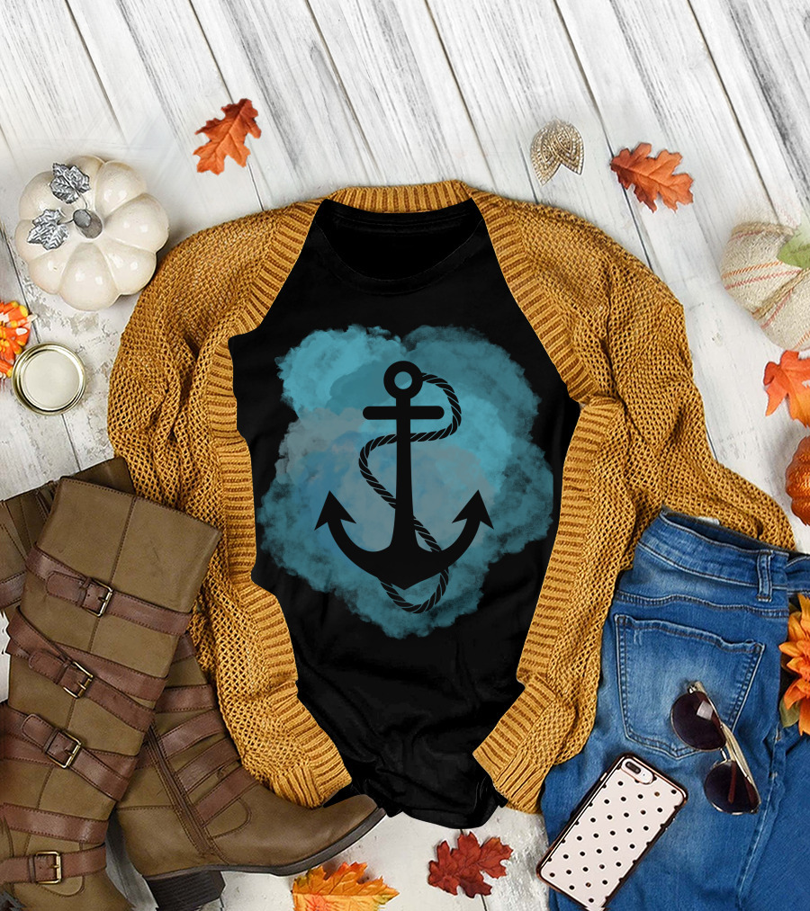 Anchor Watercolor Rope Nautical Ocean Teal Splash T-Shirt