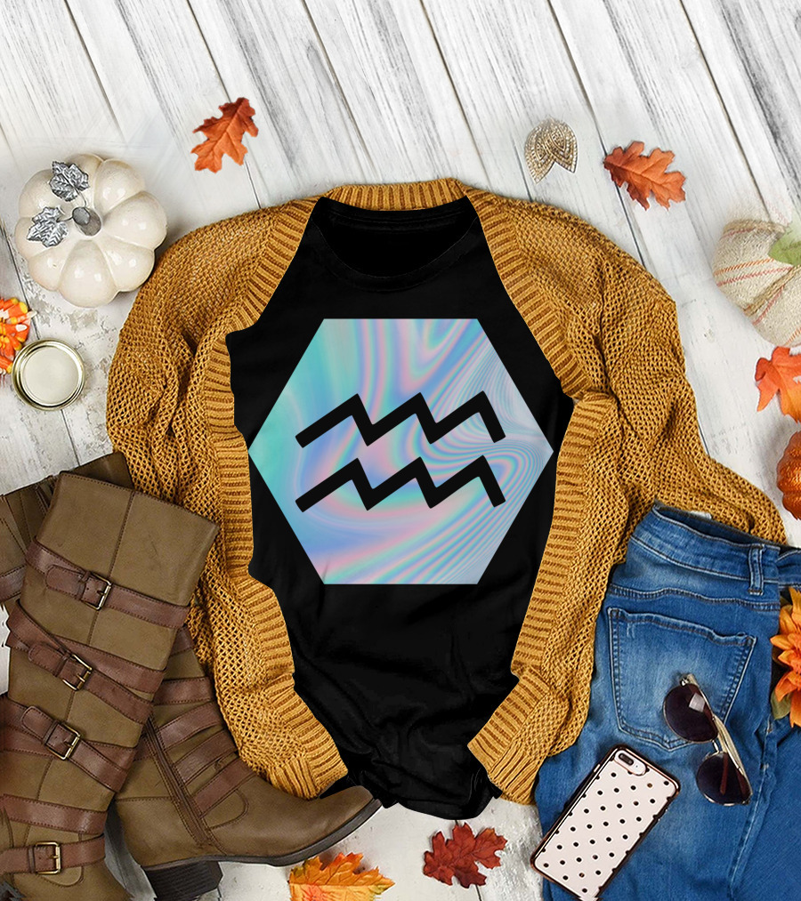 Aquarius Symbol Hologram Iridescent Wave Hexagon T-Shirt