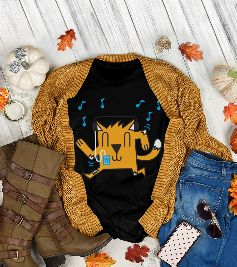 Dancing Cat With Musical Notes and Headphones T-Shirt