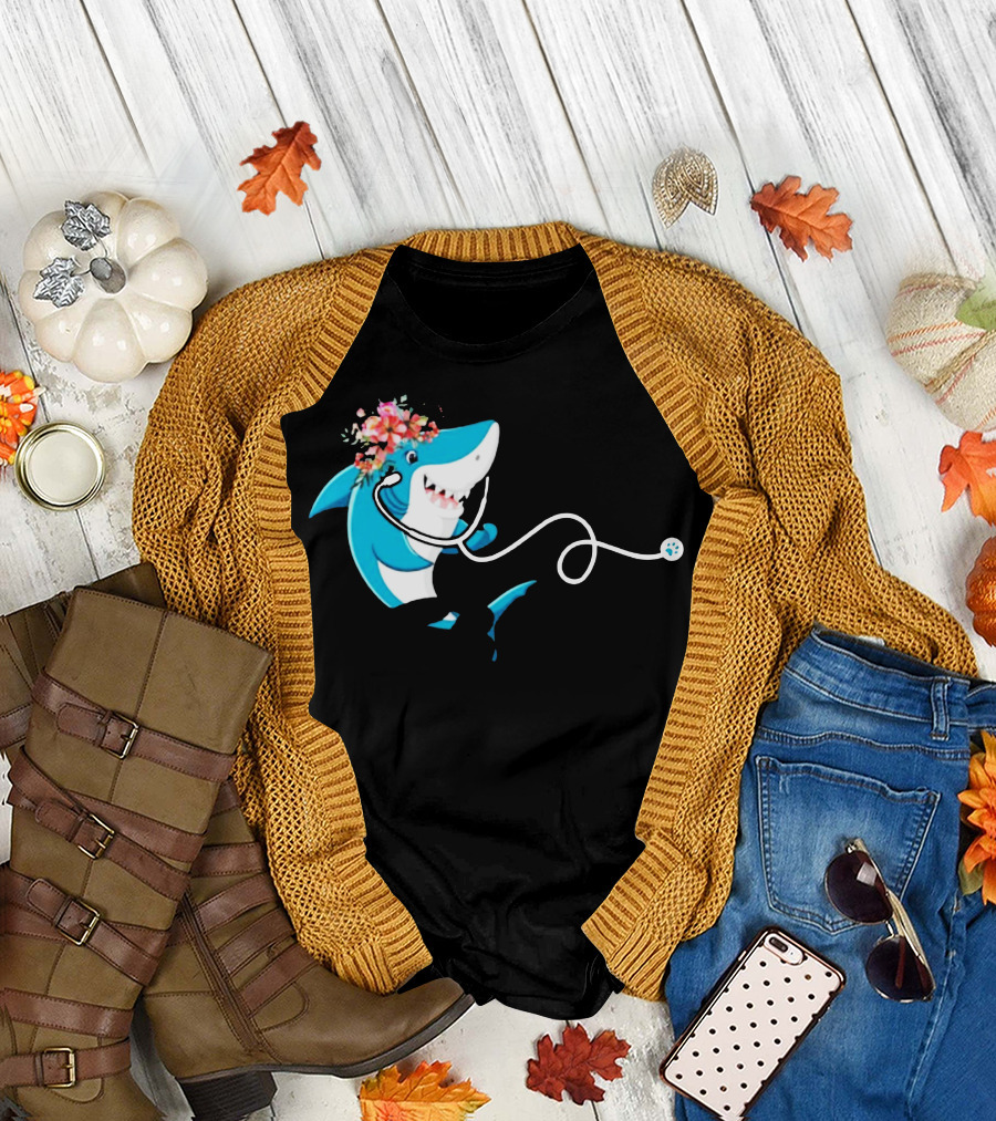 Vet Tech Shark Doo Doo Doo Doo with Floral Crown and Stethoscope T-Shirt