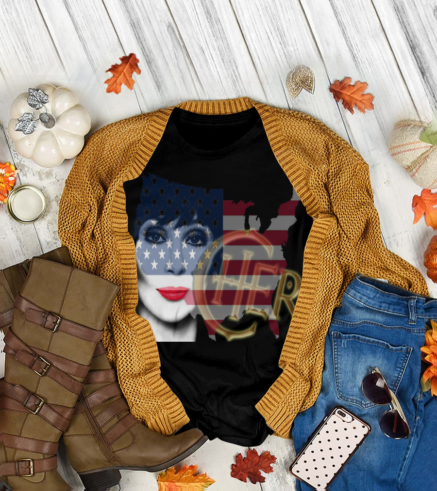 Cher American Flag Face with Map and Bold Name T-Shirt