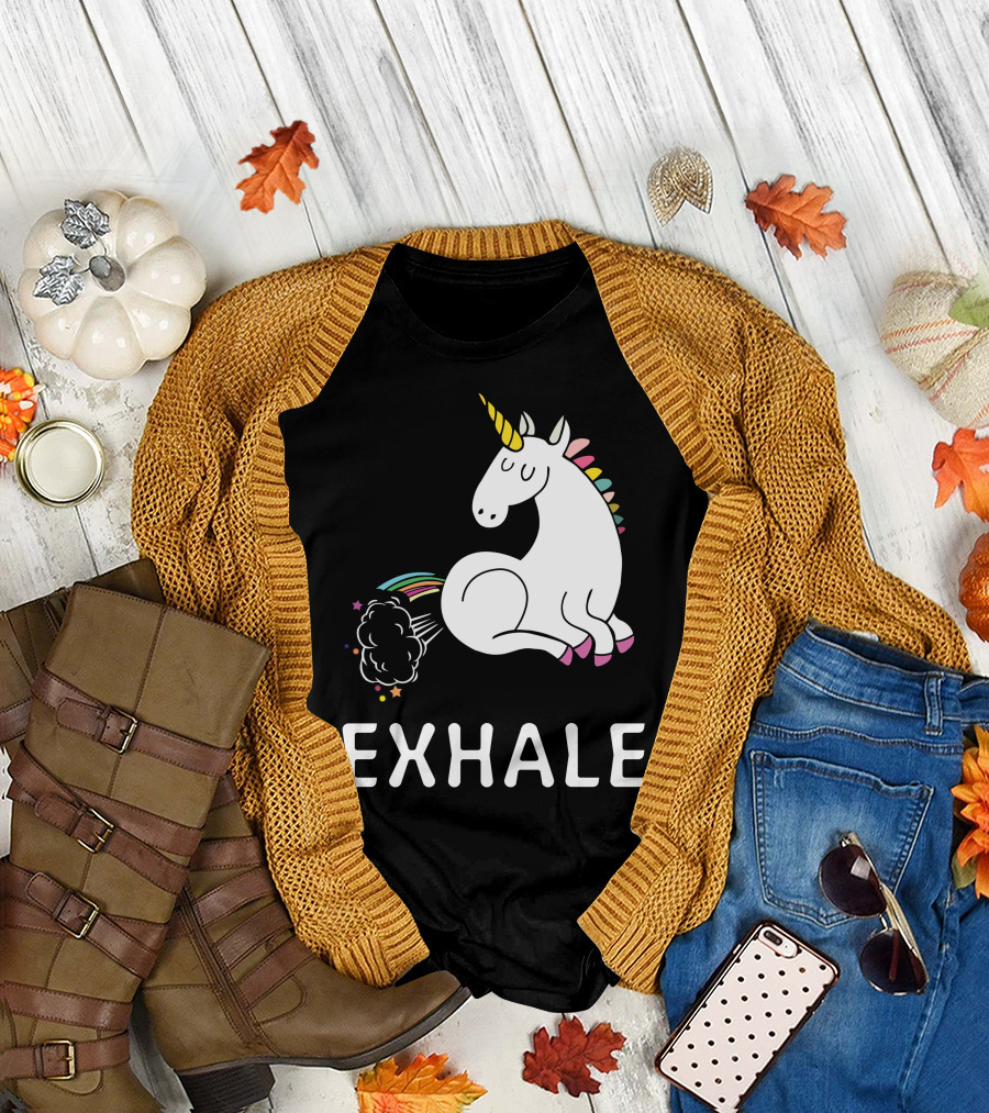EXHALE Unicorn Rainbow Fart with Stars and Clouds T-Shirt