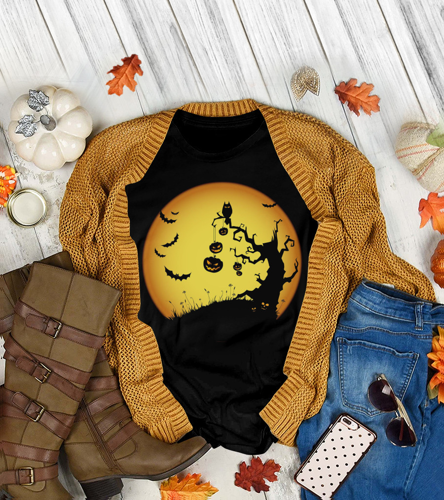 Halloween Moon Tree with Pumpkins and Bats T-Shirt