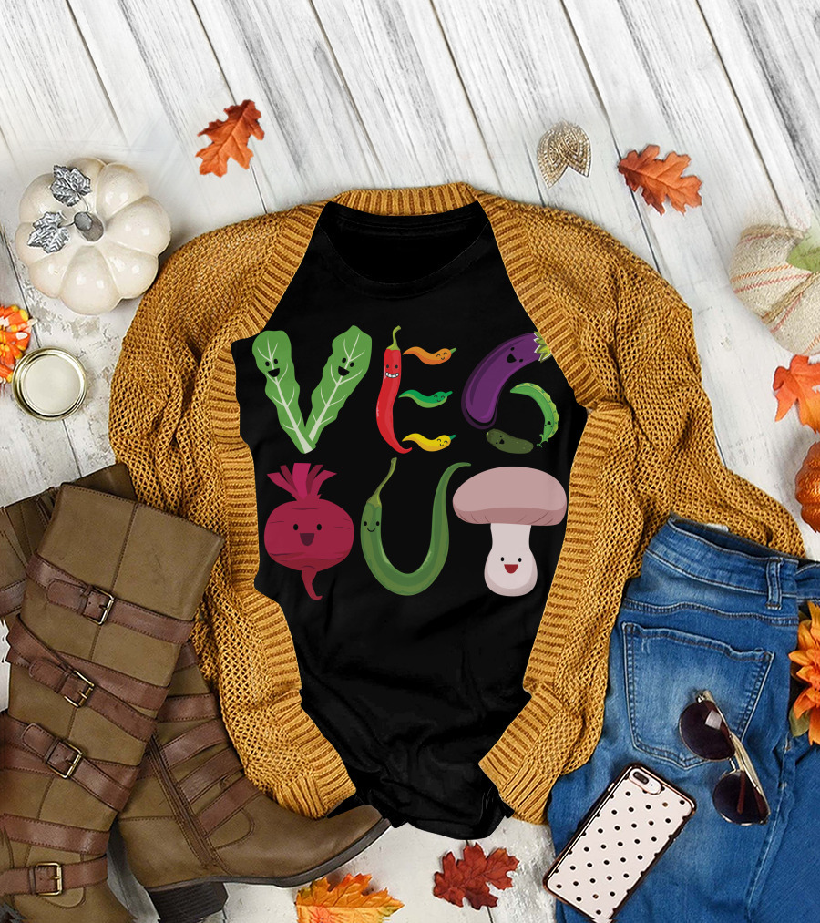 Veg Out Lettuce Chili Carrot Eggplant Radish Pepper Cucumber Mushroom T-Shirt