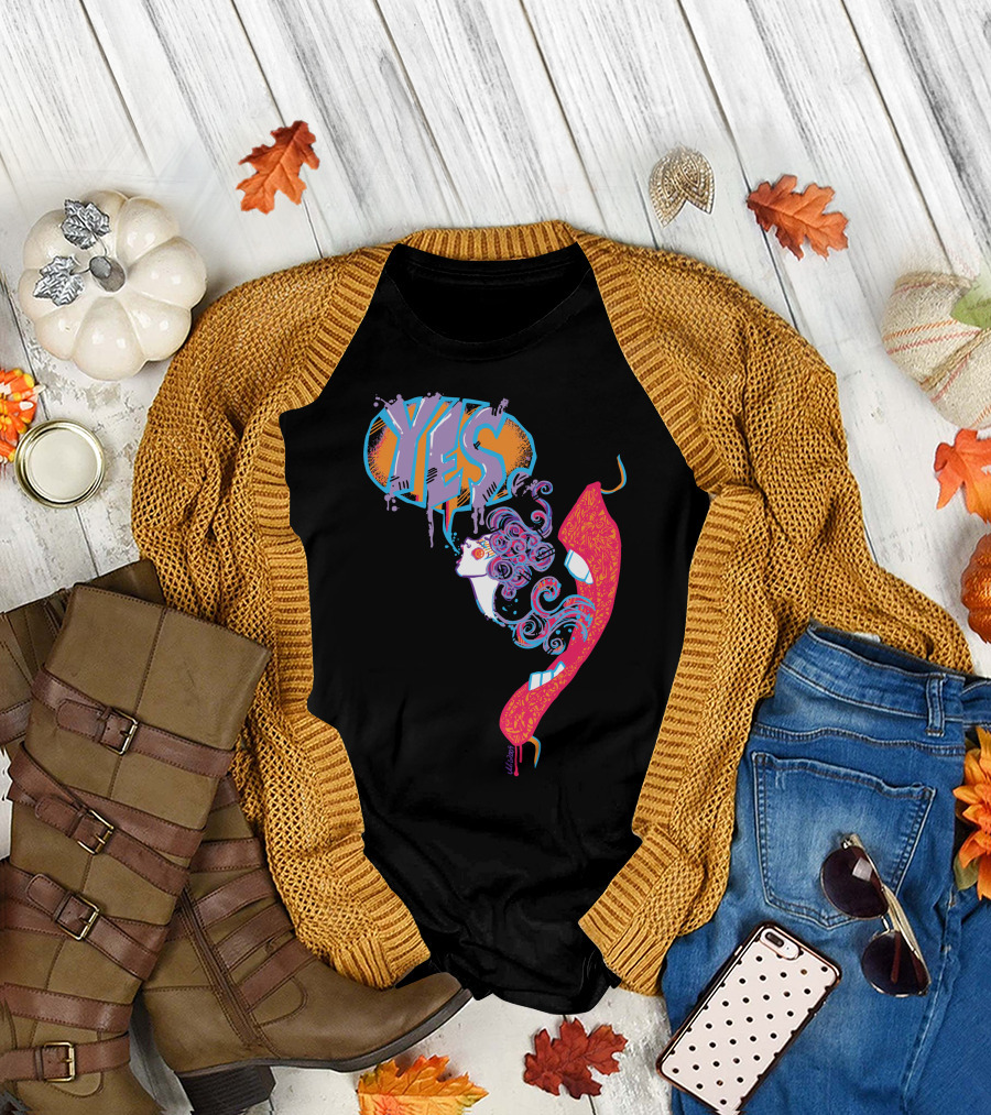 YES 60s Psychedelic Style with Retro Red Telephone and Groovy Hair Swirls T-Shirt