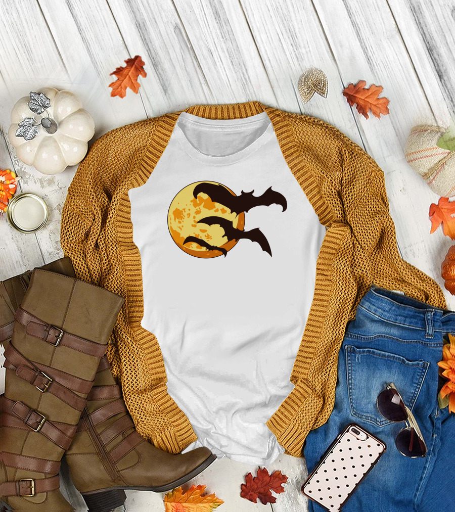 Bat Silhouettes Flying Across Full Moon T-Shirt