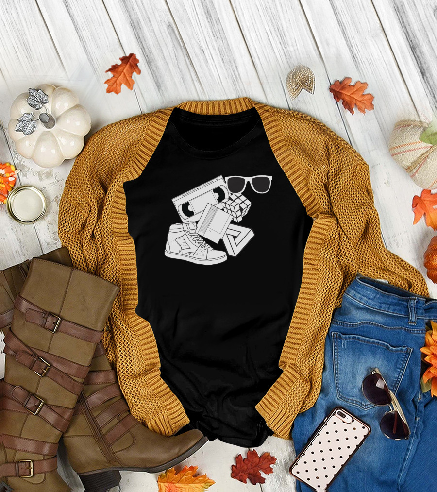 Born In The 80s Nostalgia Cassette Rubik's Cube Retro Style Sneaker Sunglasses T-Shirt