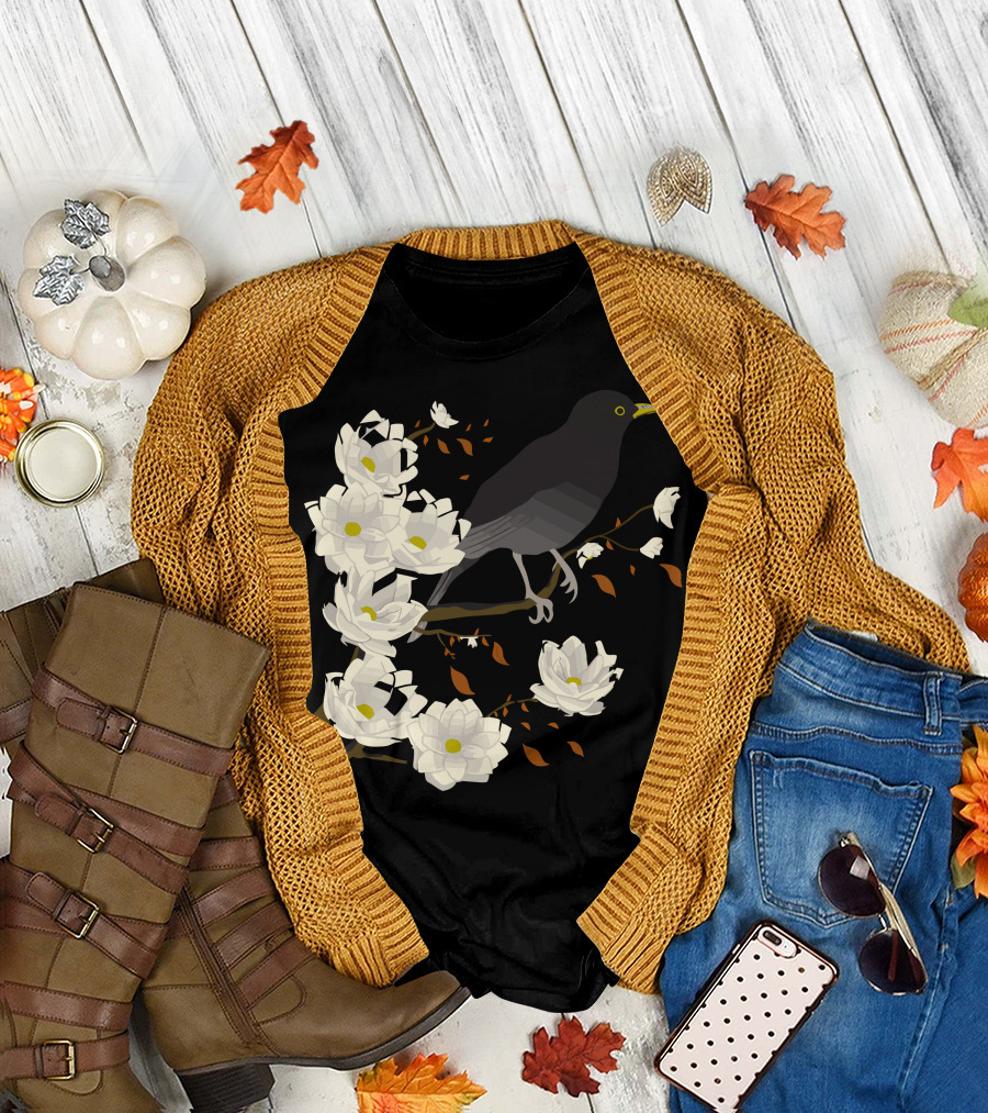 Branch Manager Crow Perched Among Blossoming White Flowers T-Shirt