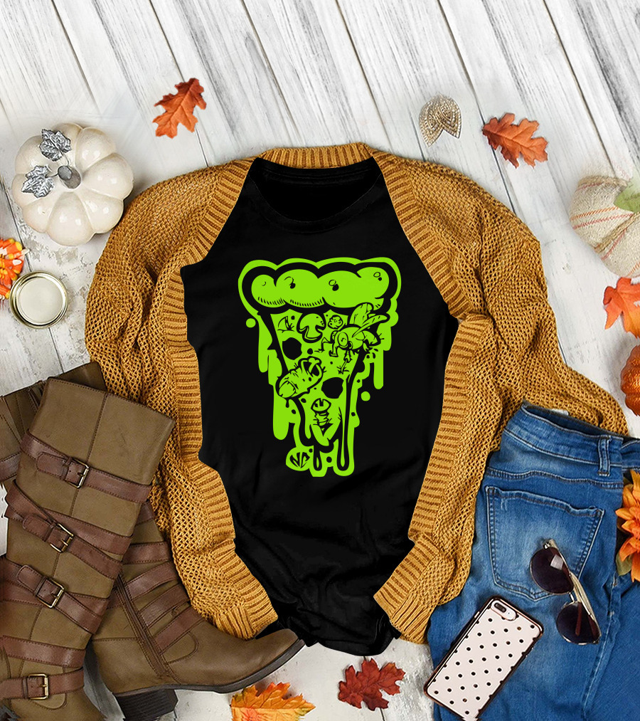 Dirty Pizza Slice with Bugs and Mushrooms Neon Green T-Shirt