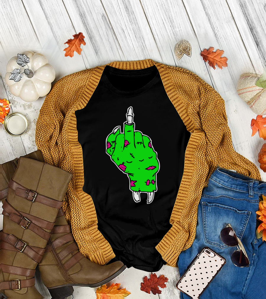 Zombie Middle Finger Gesture Rude Green Hand T-Shirt