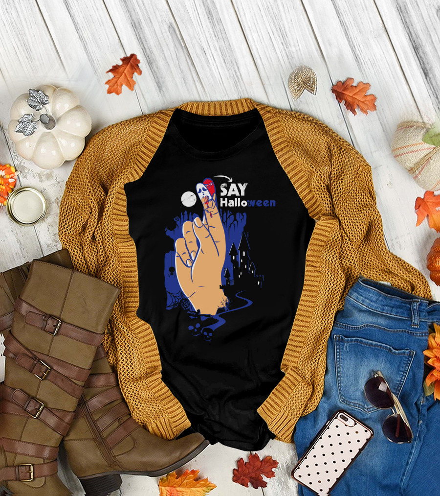 SAY Halloween Finger Mask Moon Haunted House T-Shirt