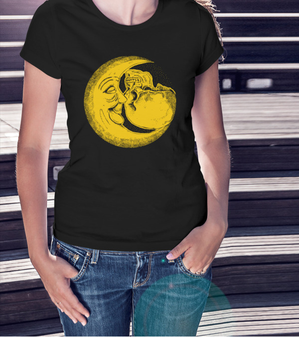 Skull And Moon Smiling Face In Yellow Crescent T-Shirt