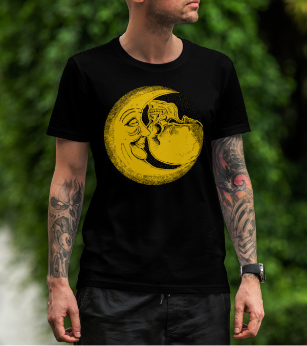Skull And Moon Smiling Face In Yellow Crescent T-Shirt