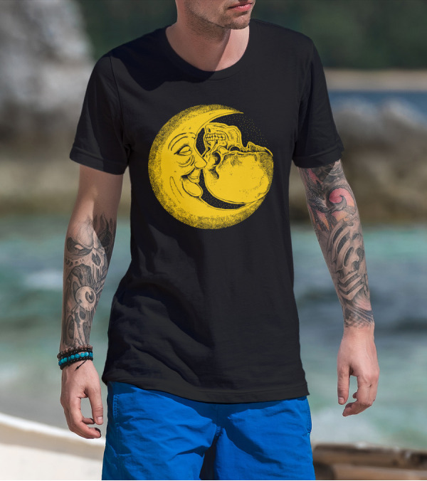 Skull And Moon Smiling Face In Yellow Crescent T-Shirt
