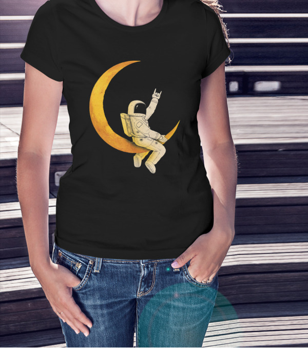 Astronaut Sitting On Crescent Moon With Rock Hand Gesture T-Shirt