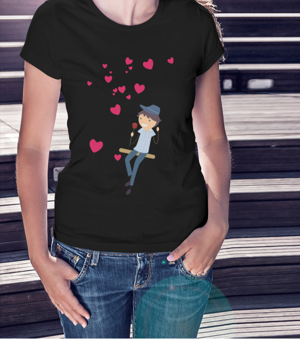 Boy On Swing With Hearts And Rose T-Shirt