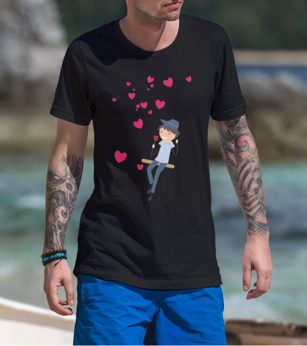 Boy On Swing With Hearts And Rose T-Shirt