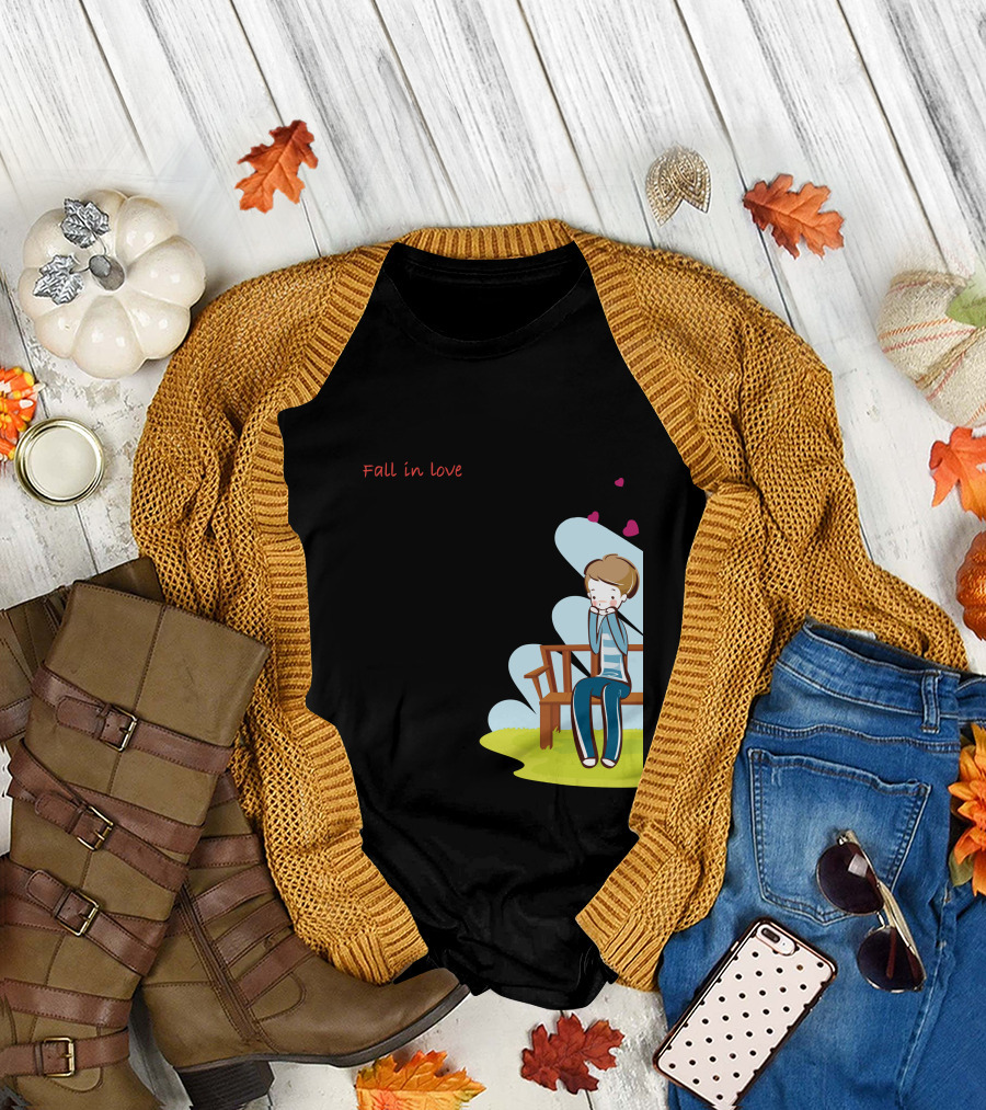 Fall in Love Cartoon Character on Bench with Hearts T-Shirt