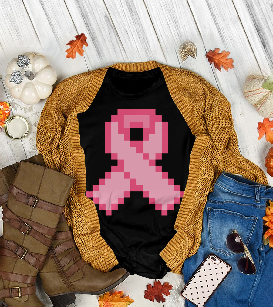 Pixeled Pink Ribbon Breast Cancer Awareness T-Shirt