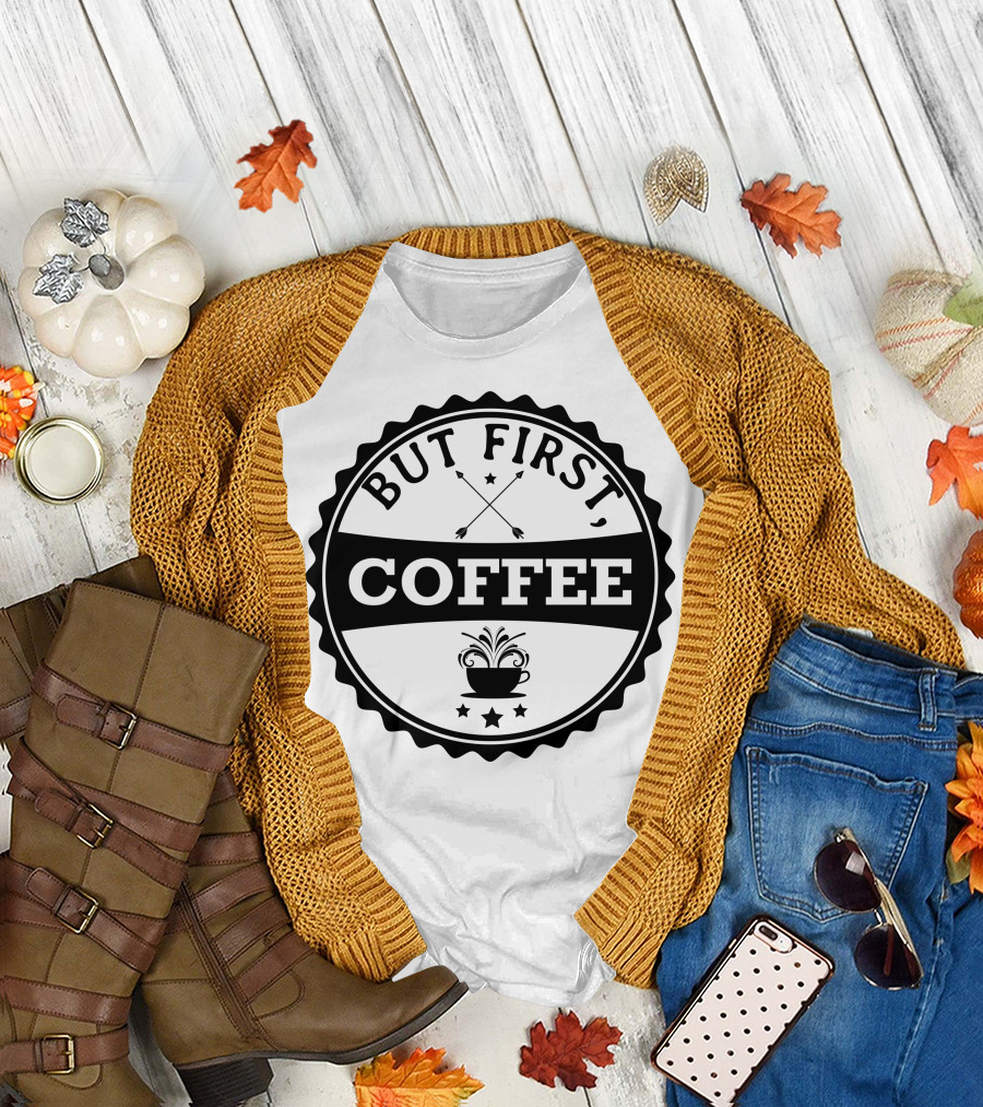 But First Coffee Vintage Emblem with Arrows and Coffee Cup T-Shirt