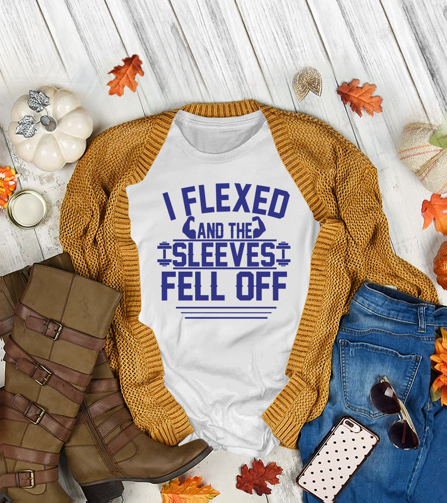 I Flexed And The Sleeves Fell Off Text with Dumbbells and Flexing Arm Motifs T-Shirt