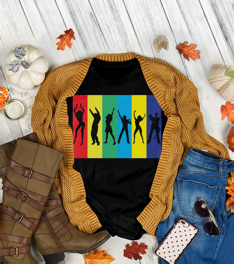 Rainbow Club Dancing Silhouettes on Striped Colorful Background T-Shirt