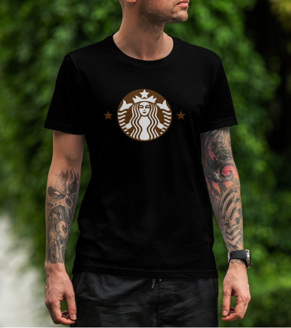 Starbucks Brown And White Mermaid Logo With Stars T-Shirt
