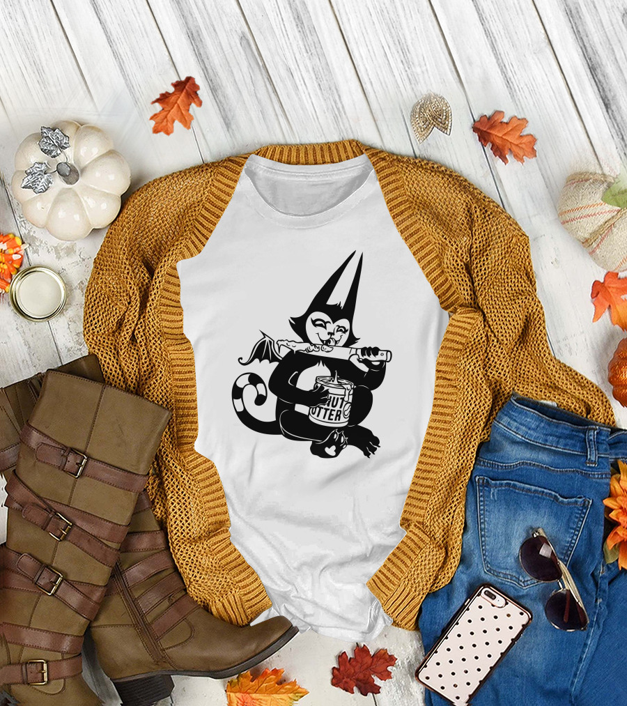 Bat Cat Eating Peanut Butter in Dark T-Shirt