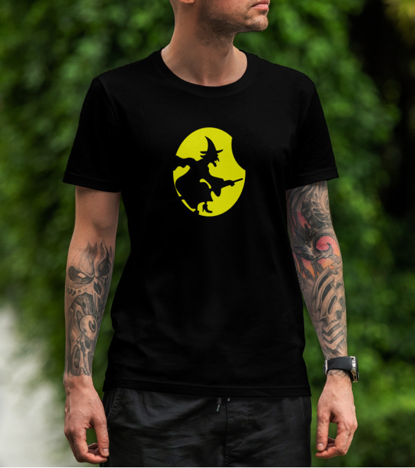 Halloween Witch Flying On Broomstick In Front Of Yellow Moon And Crescent Moon T-Shirt