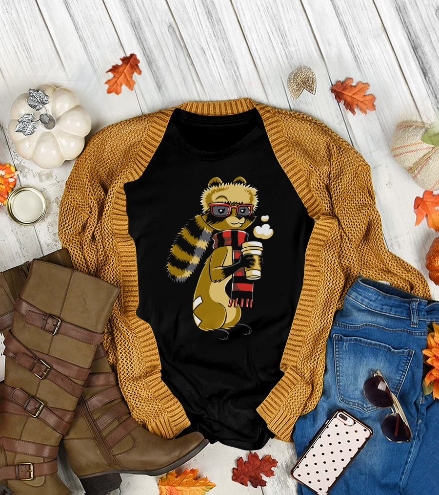 Make My Own Cozy Raccoon with Coffee and Red Glasses T-Shirt