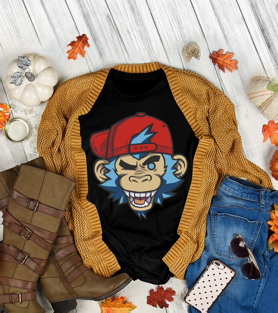 Mankeeboi Wink Red Hat Blue Hair Monkey Face T-Shirt