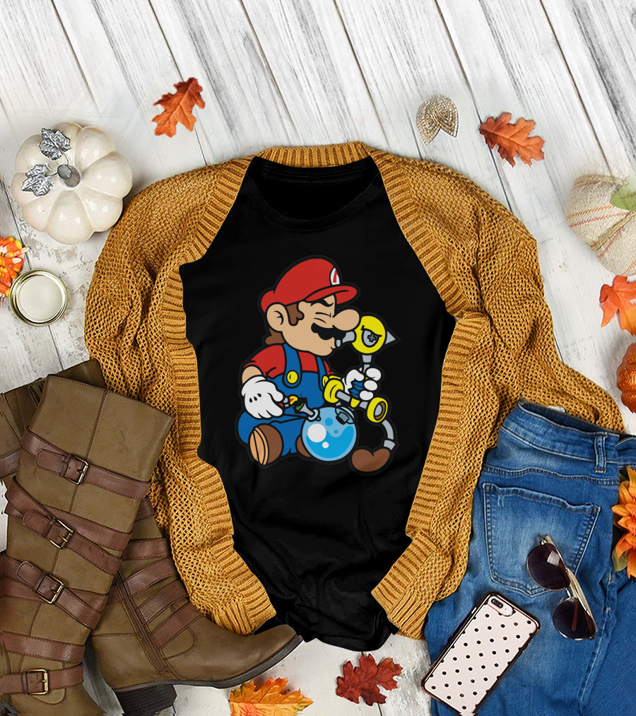 Mario Weed Smoking Pipe Parody with Super Mario Style Character T-Shirt