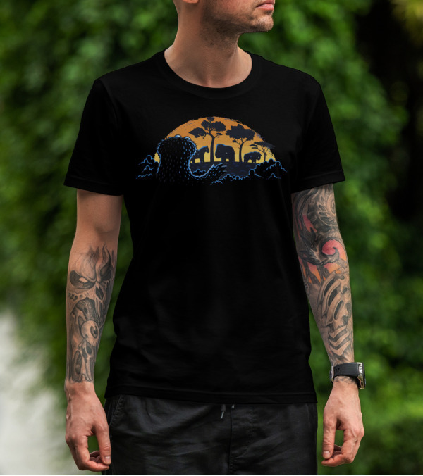 S Is For Safari Sunset With Elephant Silhouettes And Lion Scene T-Shirt