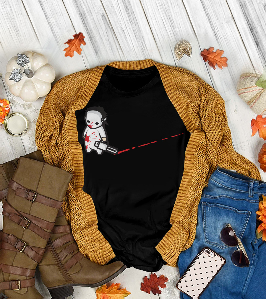 Sad Psycho Chainsaw Character with Bloody Trail T-Shirt
