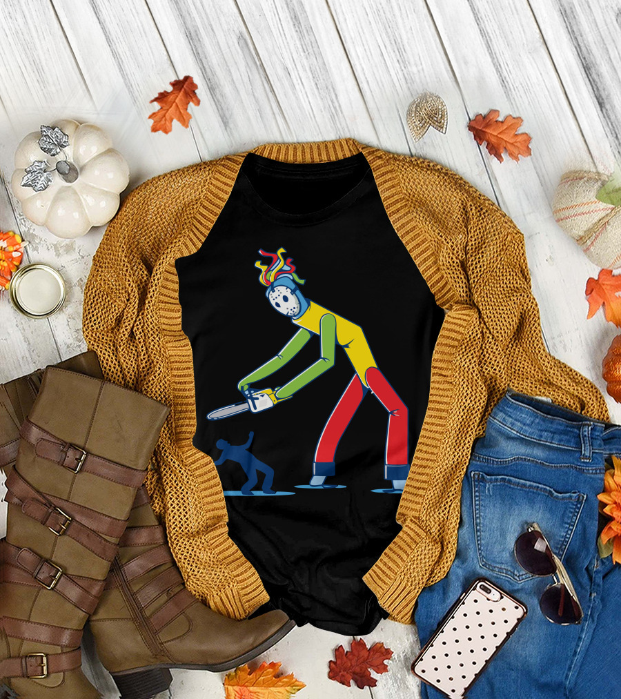 Wind Dancer Turned Bad Rainbow Chainsaw Guy with Mask Chasing T-Shirt