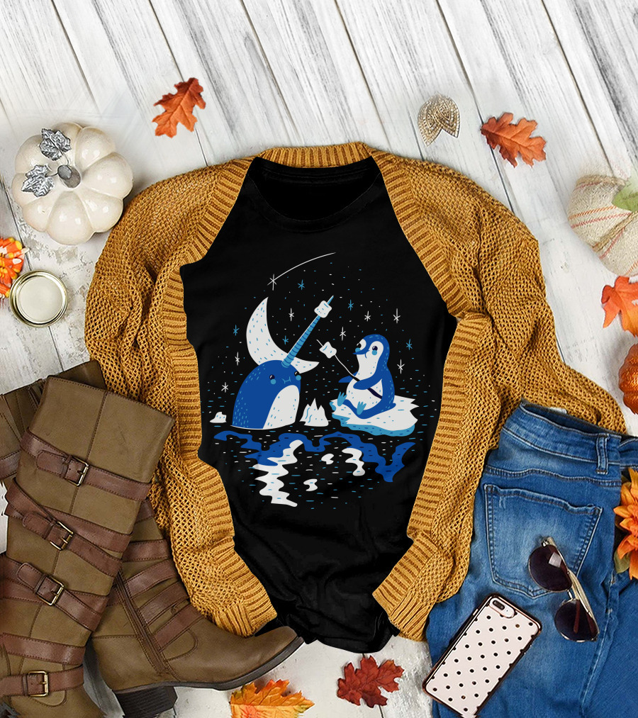 Frozen Fire Narwhal and Penguin Campfire Under Stars T-Shirt
